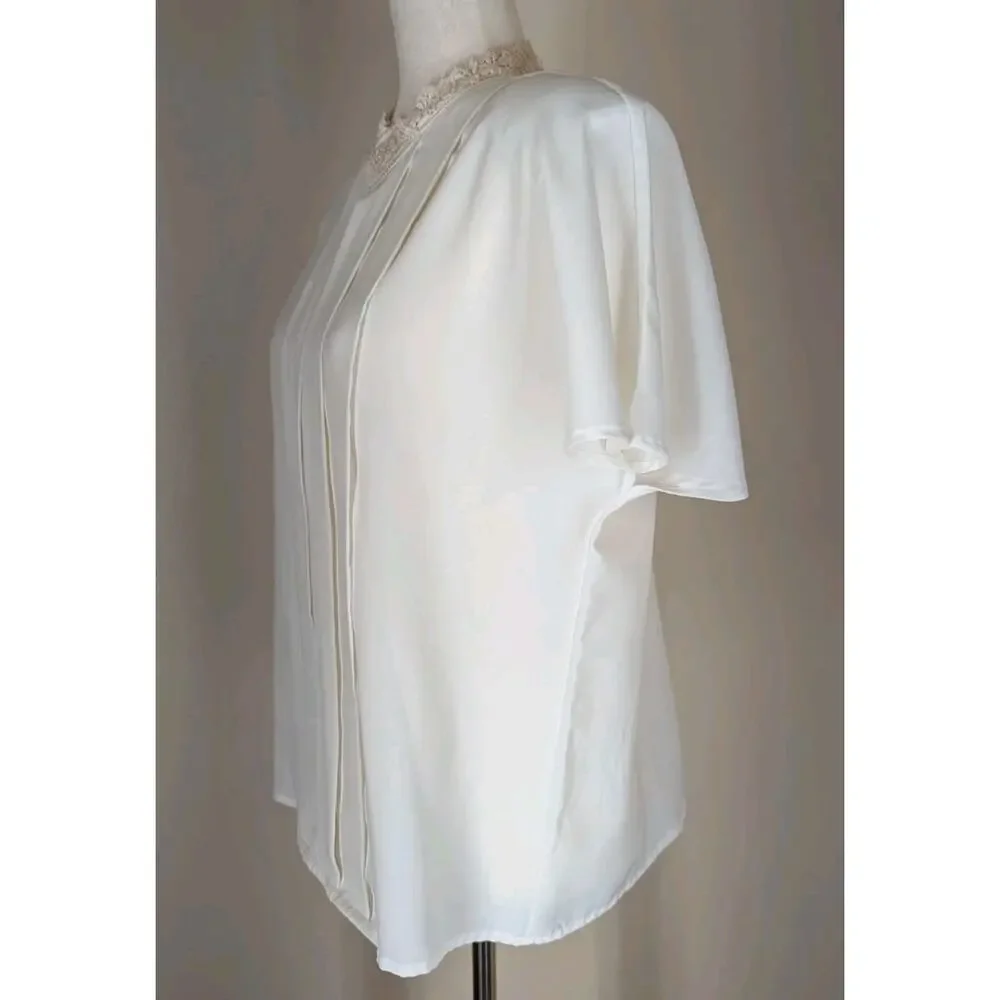 Vintage Christie & Jill Lace Blouse 14 Pleated Shirt Sleeve Cream Beige Dressy - Picture 2 of 10